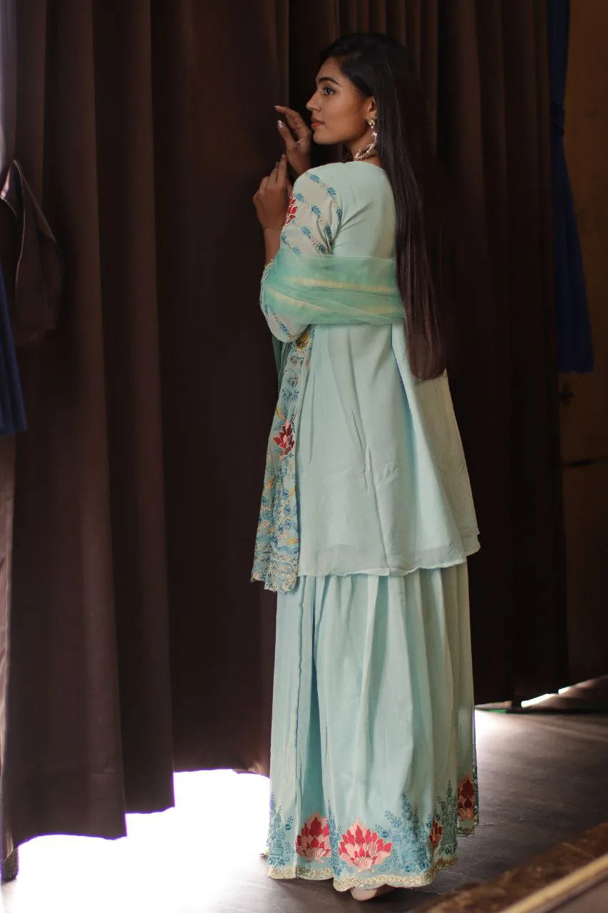 Wedding Sharara Suit Set in Sky Blue Color