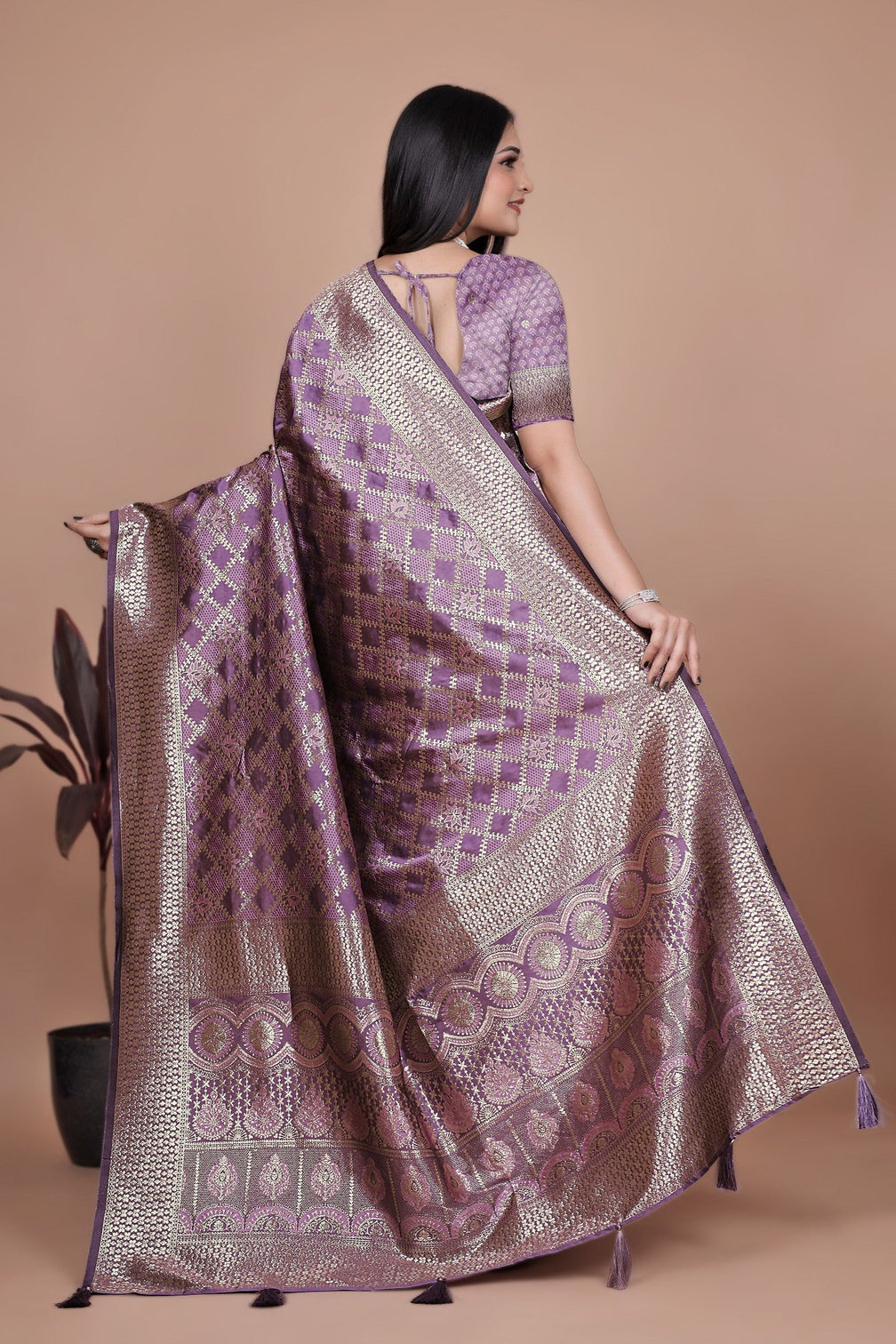 Purple Banarasi Silk Saree with Traditional Zari Work & Tassel Detailing – Ideal for Weddings, Parties, and Festive Occasions