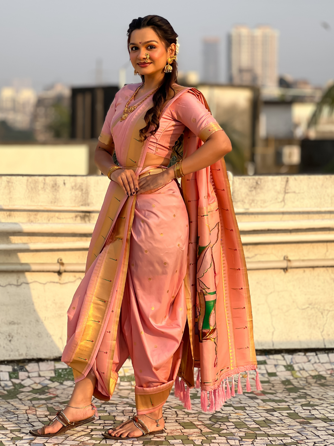 Baby Pink Wedding Special Nauvari Paithani Soft Silk Saree with Zari Woven Polka Motifs and Peacock Pallu