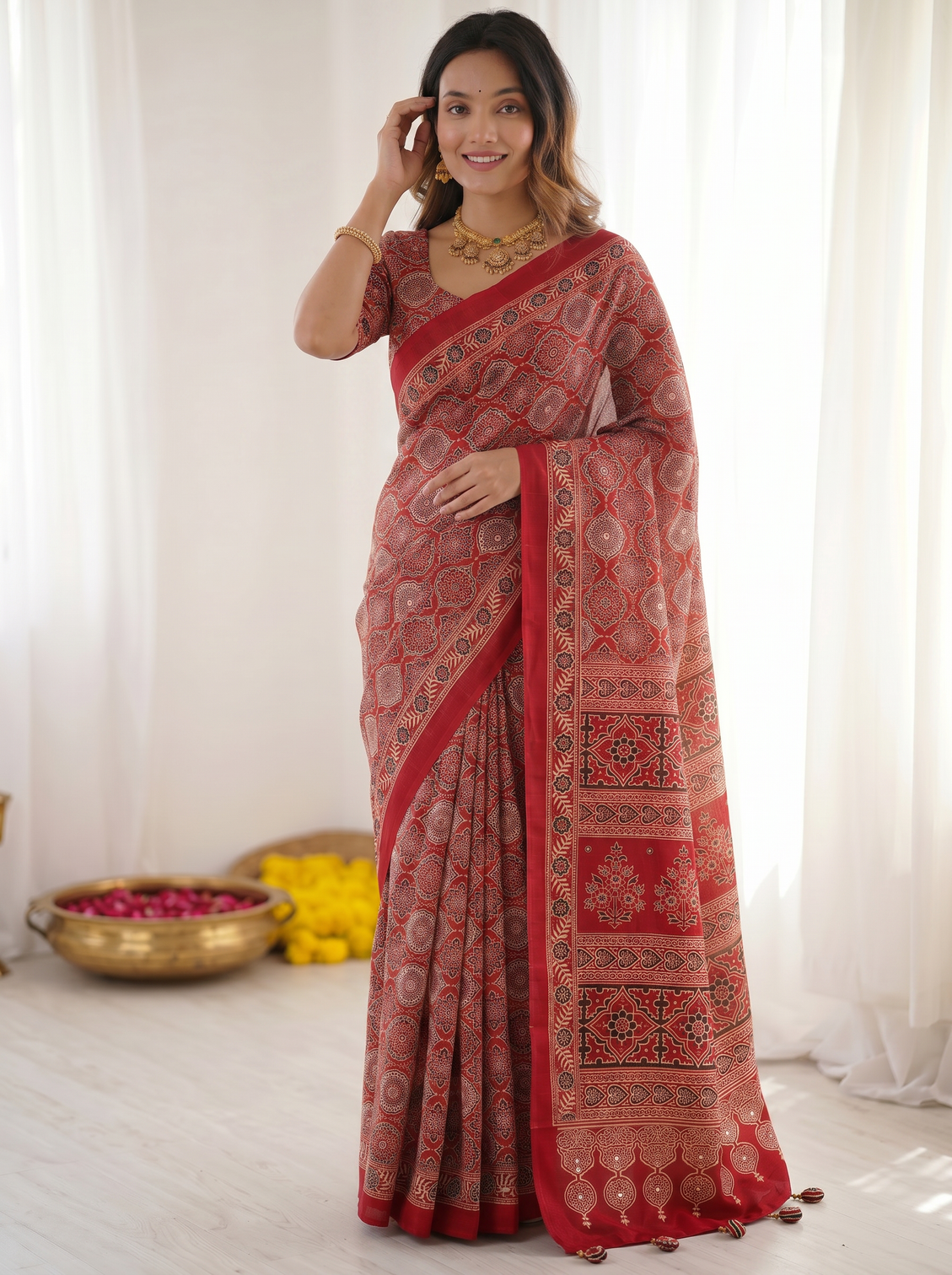 Ruby red pure modal silk saree with heritage ajrakh inspired print traditional designer pallu mameraa