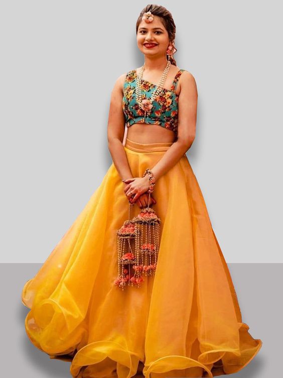 Orange Lehenga Choli In Organza Silk for Haldi Ceremony