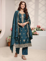 Libas Teal Ethnic Embroidered Silk Blend Straight Suit Set