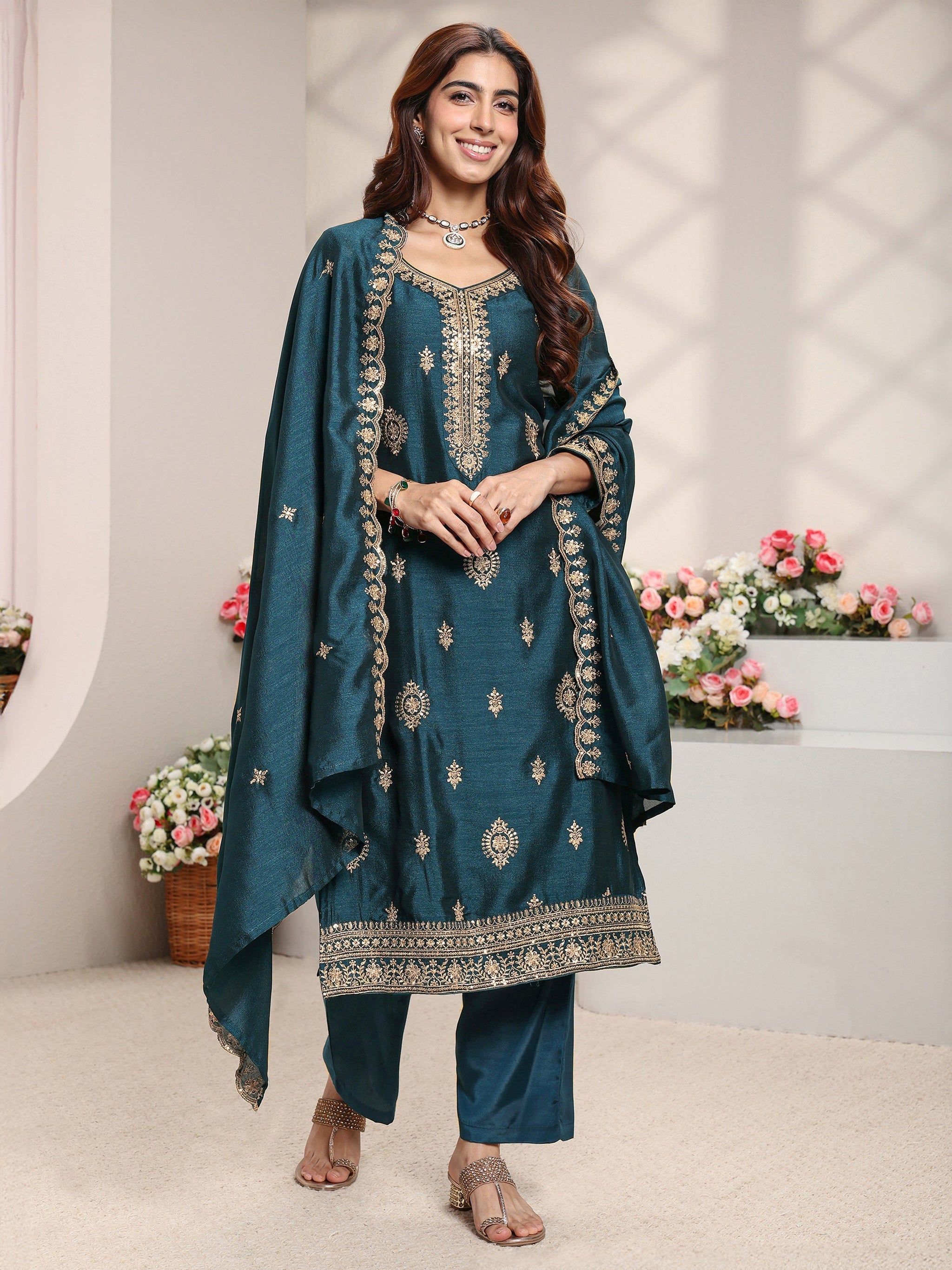 Libas Teal Ethnic Embroidered Silk Blend Straight Suit Set