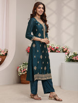 Libas Teal Ethnic Embroidered Silk Blend Straight Suit Set
