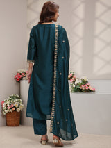 Libas Teal Ethnic Embroidered Silk Blend Straight Suit Set