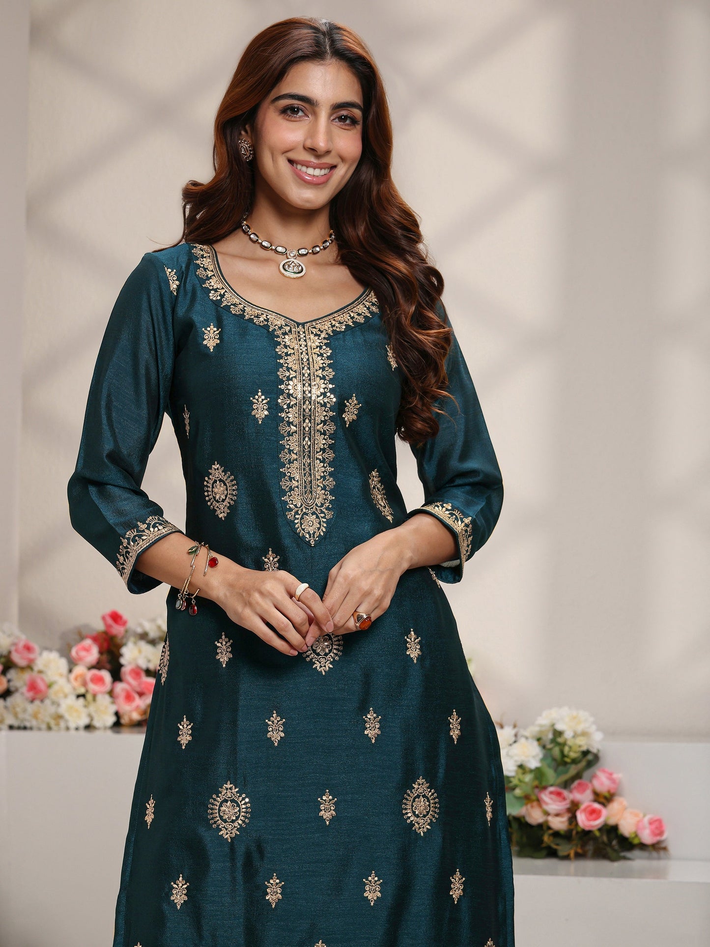 Libas Teal Ethnic Embroidered Silk Blend Straight Suit Set