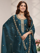 Libas Teal Ethnic Embroidered Silk Blend Straight Suit Set