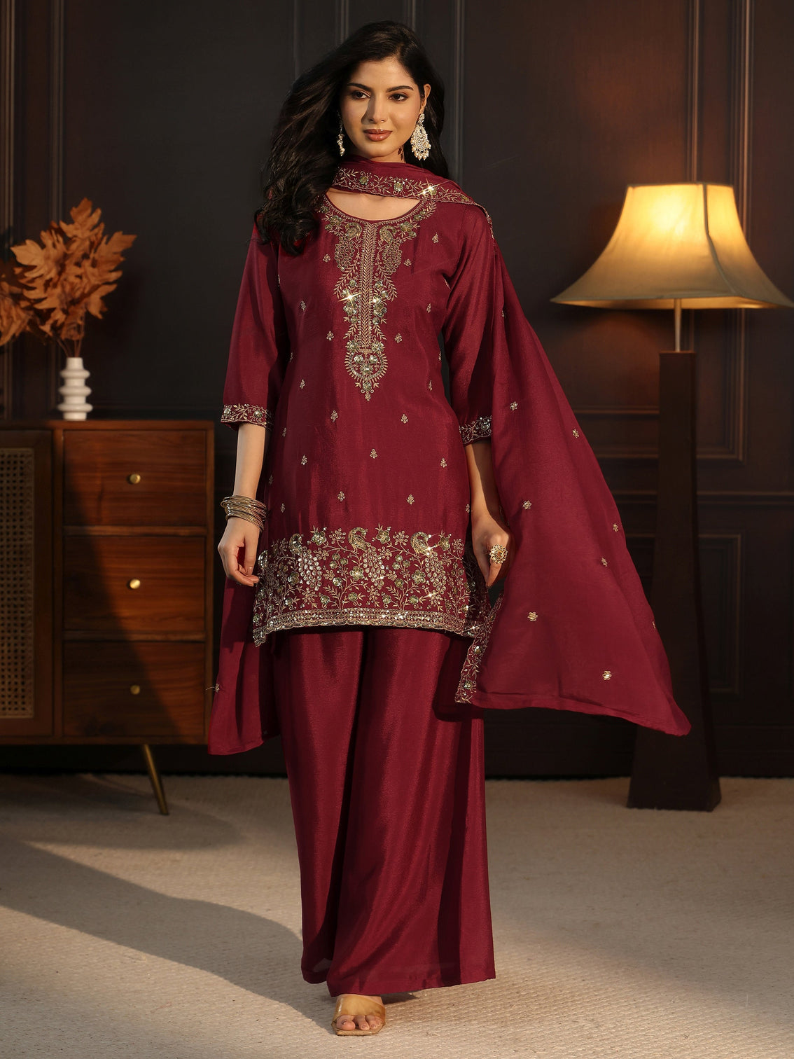 Mameraa Maroon Sequin Embellished Chinon Palazzo Suit Set