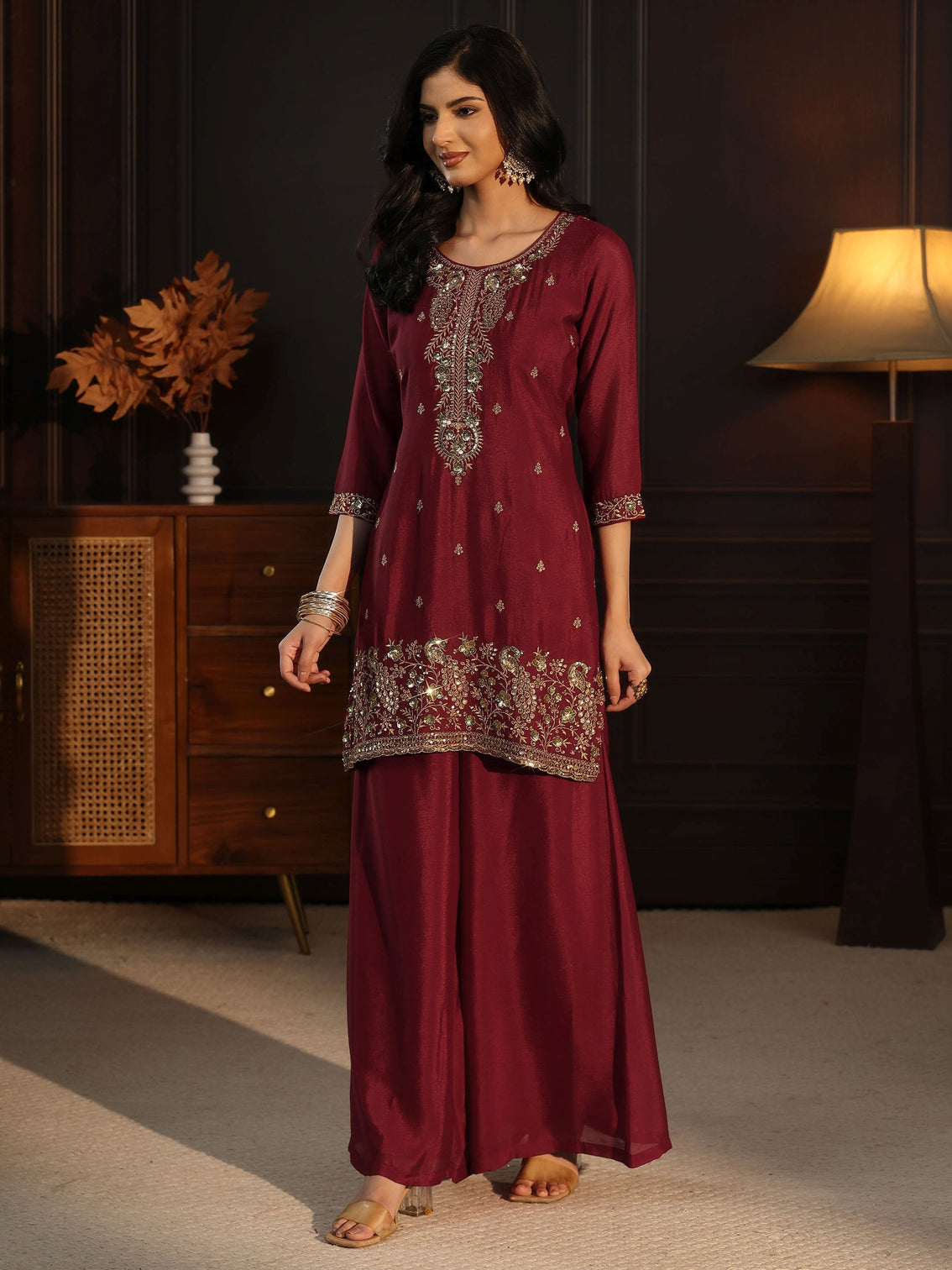 Mameraa Maroon Sequin Embellished Chinon Palazzo Suit Set