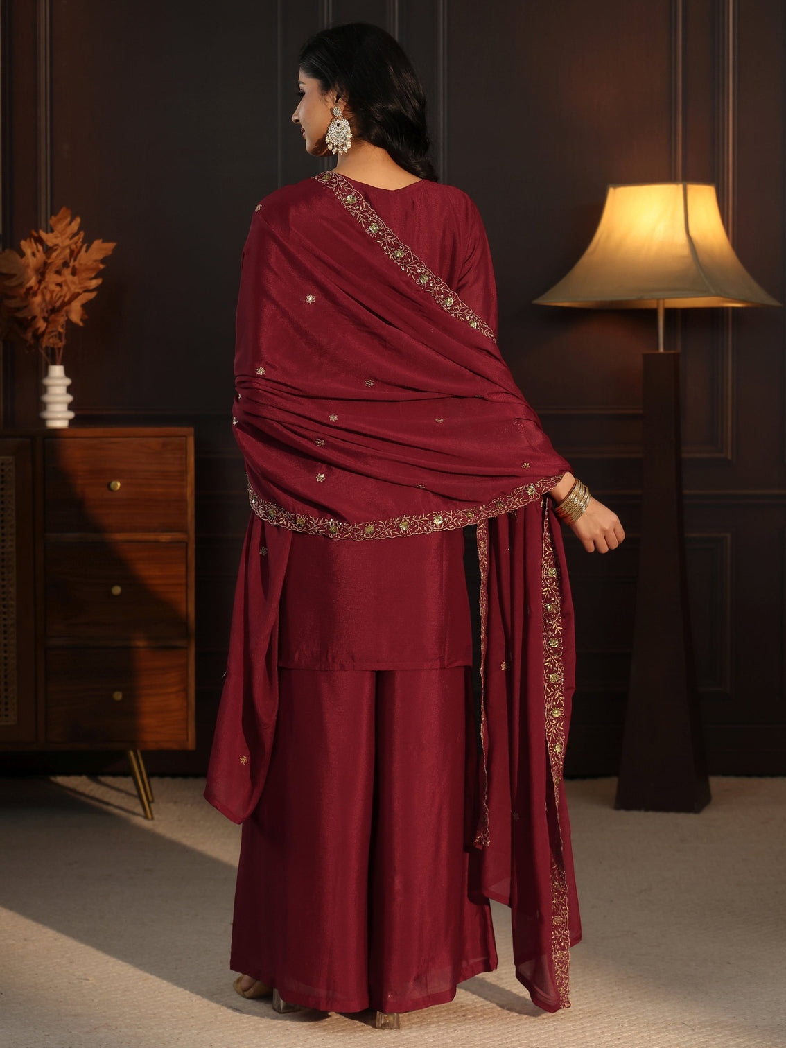 Mameraa Maroon Sequin Embellished Chinon Palazzo Suit Set