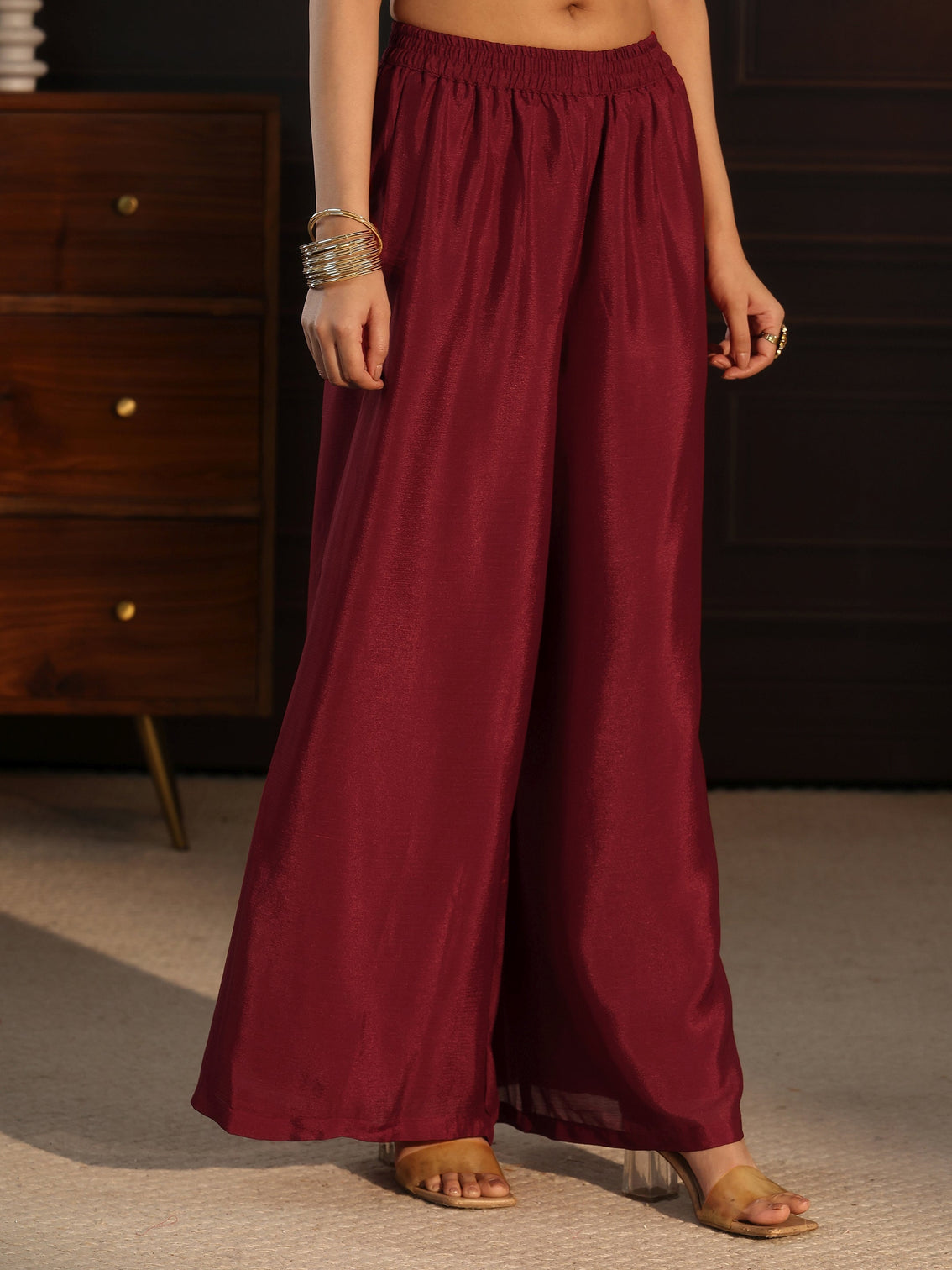 Mameraa Maroon Sequin Embellished Chinon Palazzo Suit Set