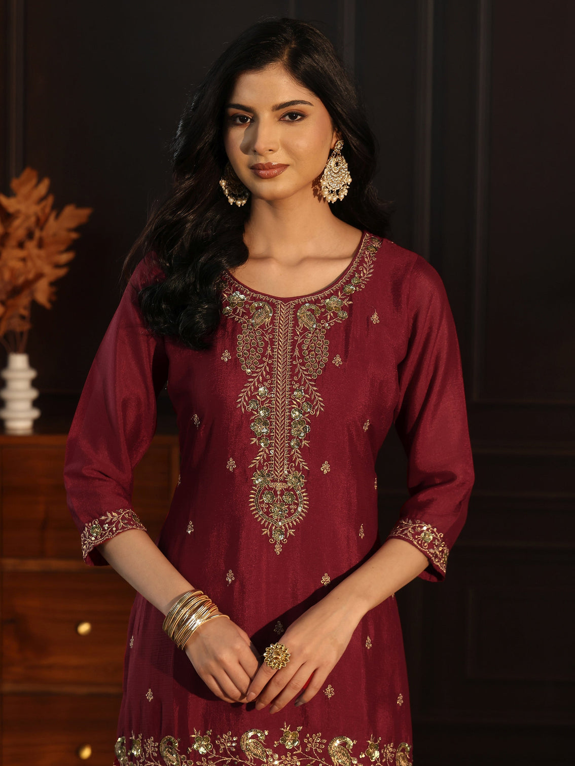 Mameraa Maroon Sequin Embellished Chinon Palazzo Suit Set