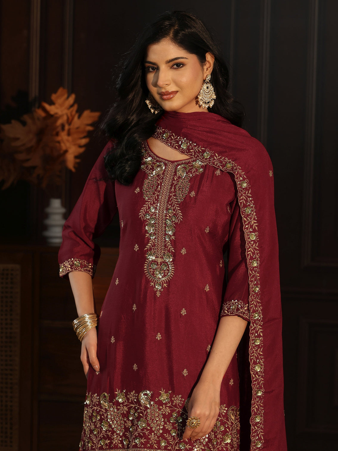 Mameraa Maroon Sequin Embellished Chinon Palazzo Suit Set