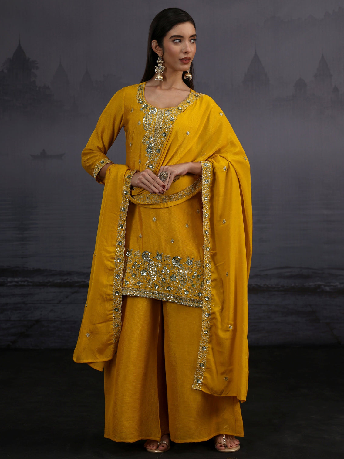 Mameraa Mustard Sequin Embellished Chinon Palazzo Suit Set