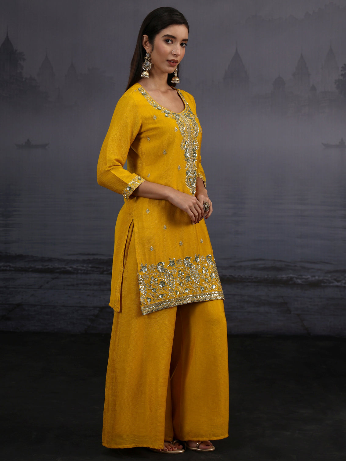 Mameraa Mustard Sequin Embellished Chinon Palazzo Suit Set