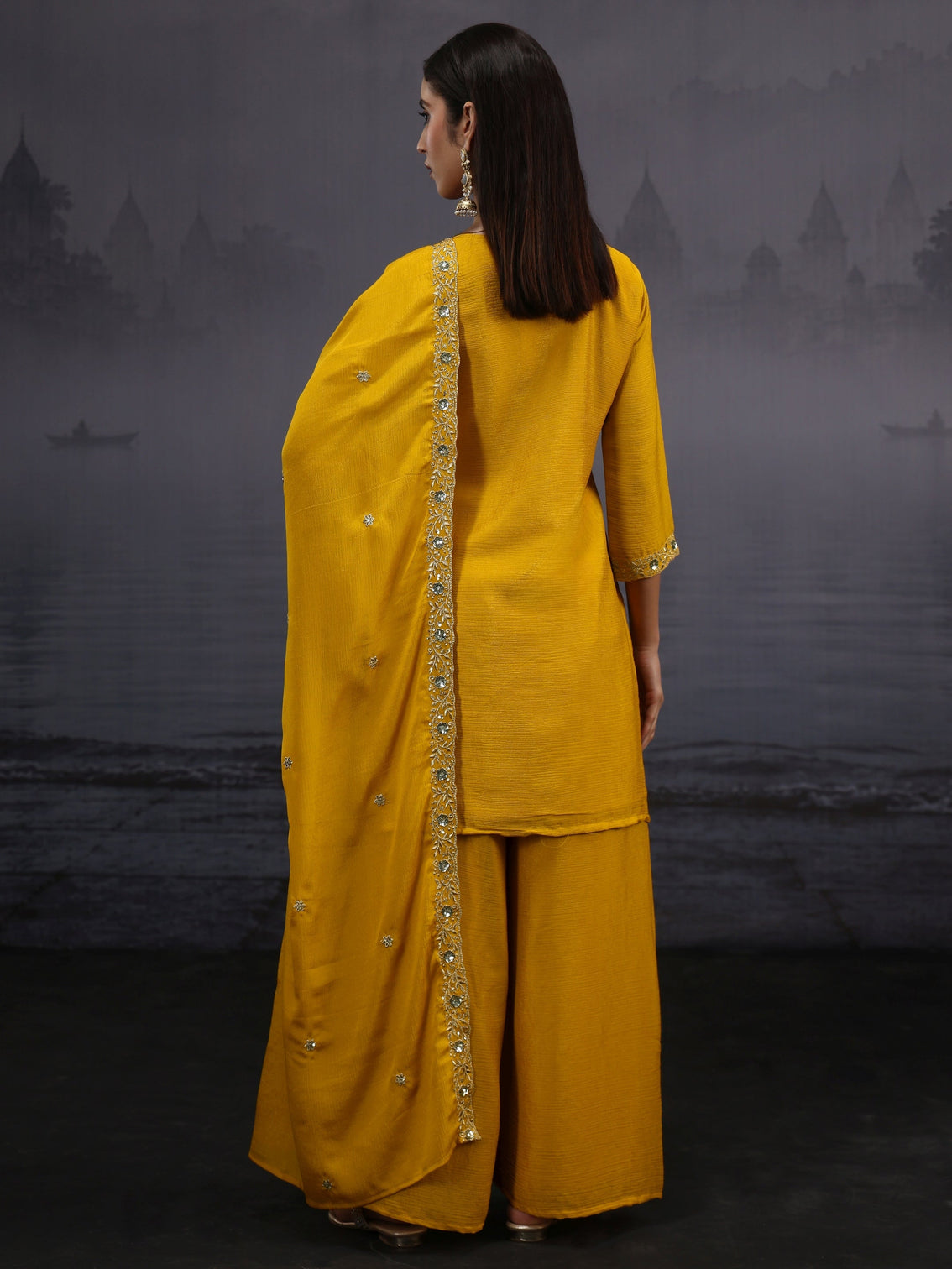 Mameraa Mustard Sequin Embellished Chinon Palazzo Suit Set