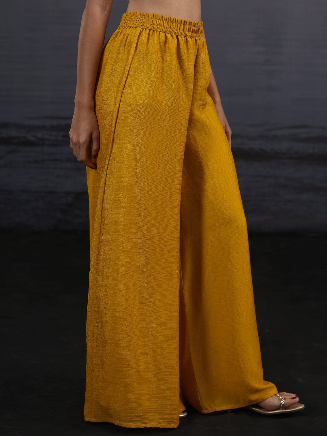 Mameraa Mustard Sequin Embellished Chinon Palazzo Suit Set