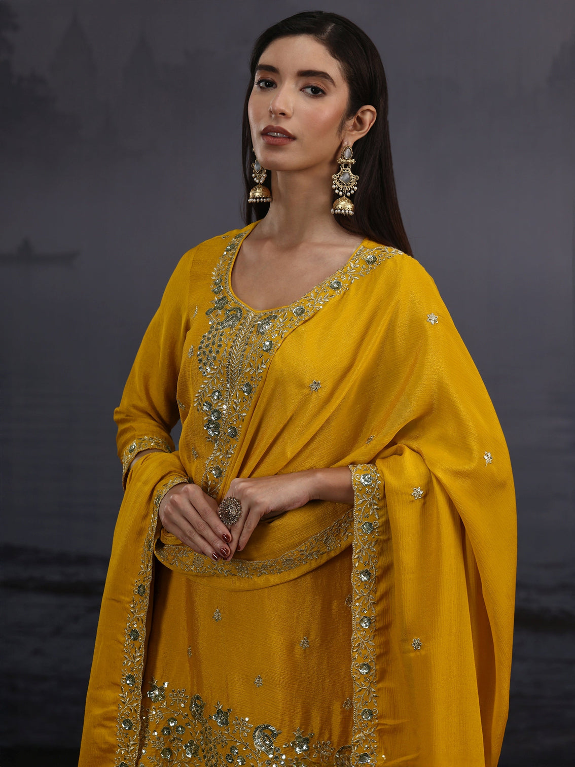 Mameraa Mustard Sequin Embellished Chinon Palazzo Suit Set