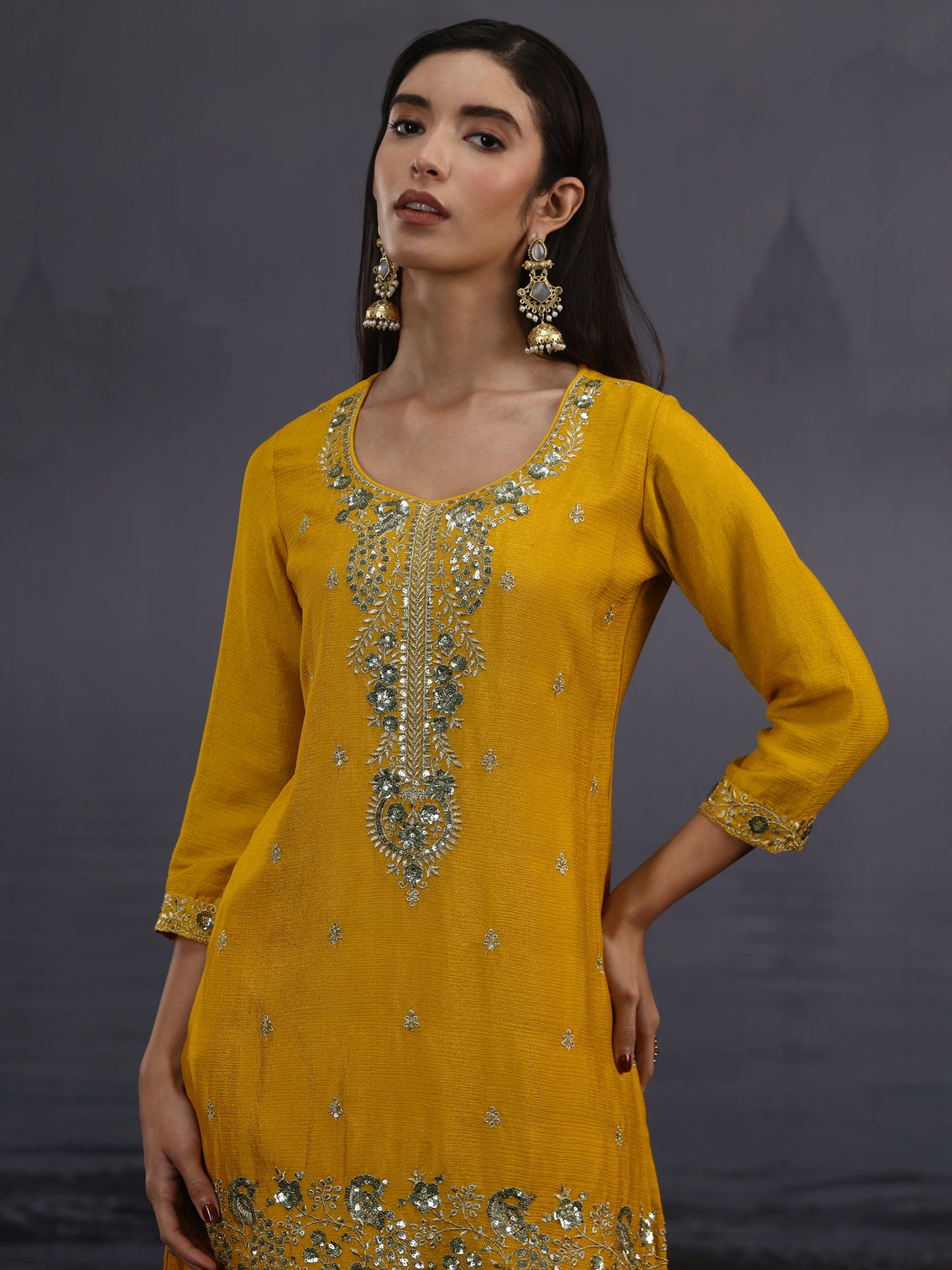 Mameraa Mustard Sequin Embellished Chinon Palazzo Suit Set