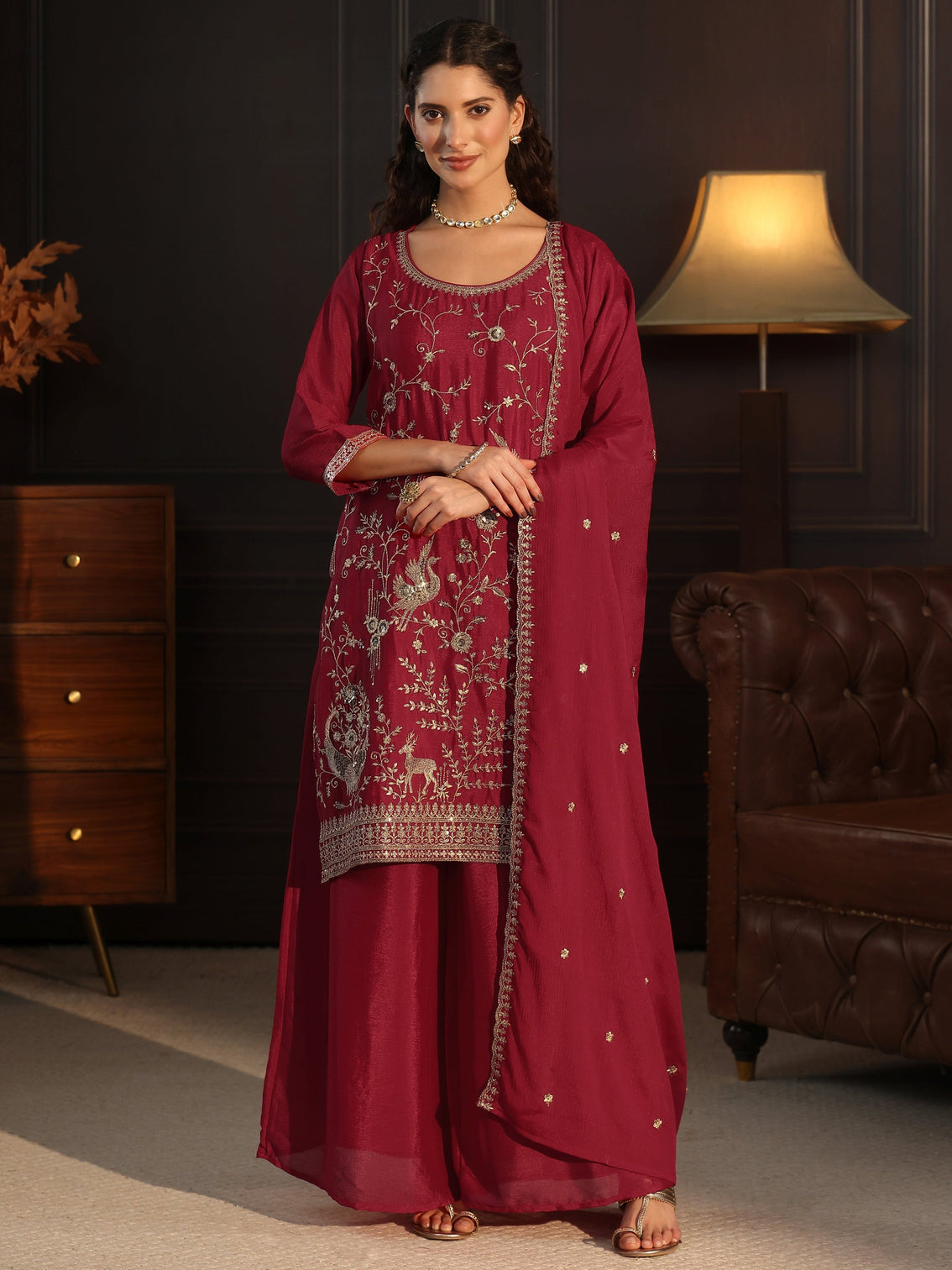 Mameraa Ruby Red Floral Embroidered Chinon Palazzo Suit Set