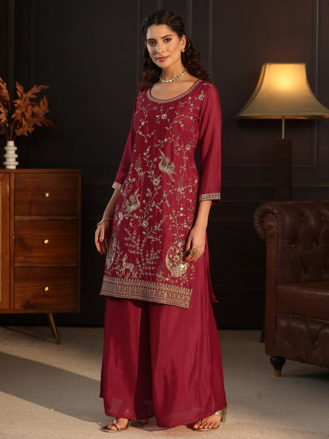 Mameraa Ruby Red Floral Embroidered Chinon Palazzo Suit Set