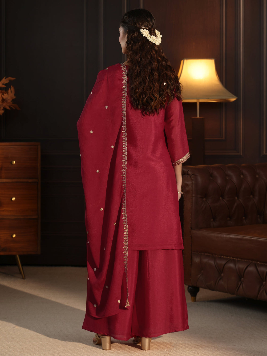 Mameraa Ruby Red Floral Embroidered Chinon Palazzo Suit Set
