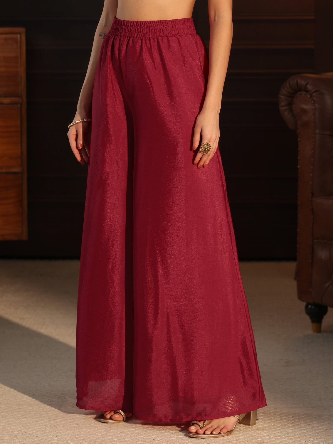 Mameraa Ruby Red Floral Embroidered Chinon Palazzo Suit Set