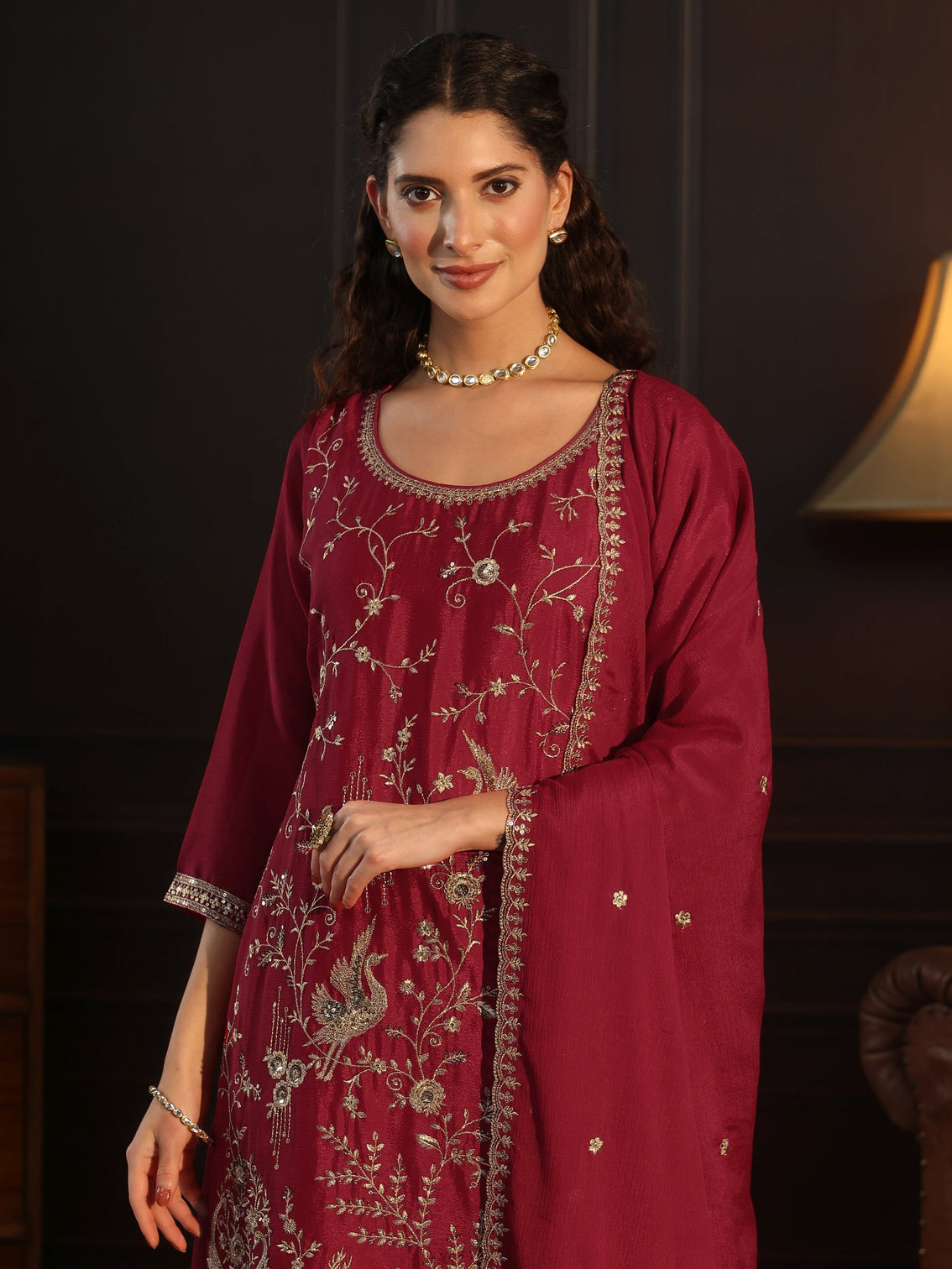 Mameraa Ruby Red Floral Embroidered Chinon Palazzo Suit Set