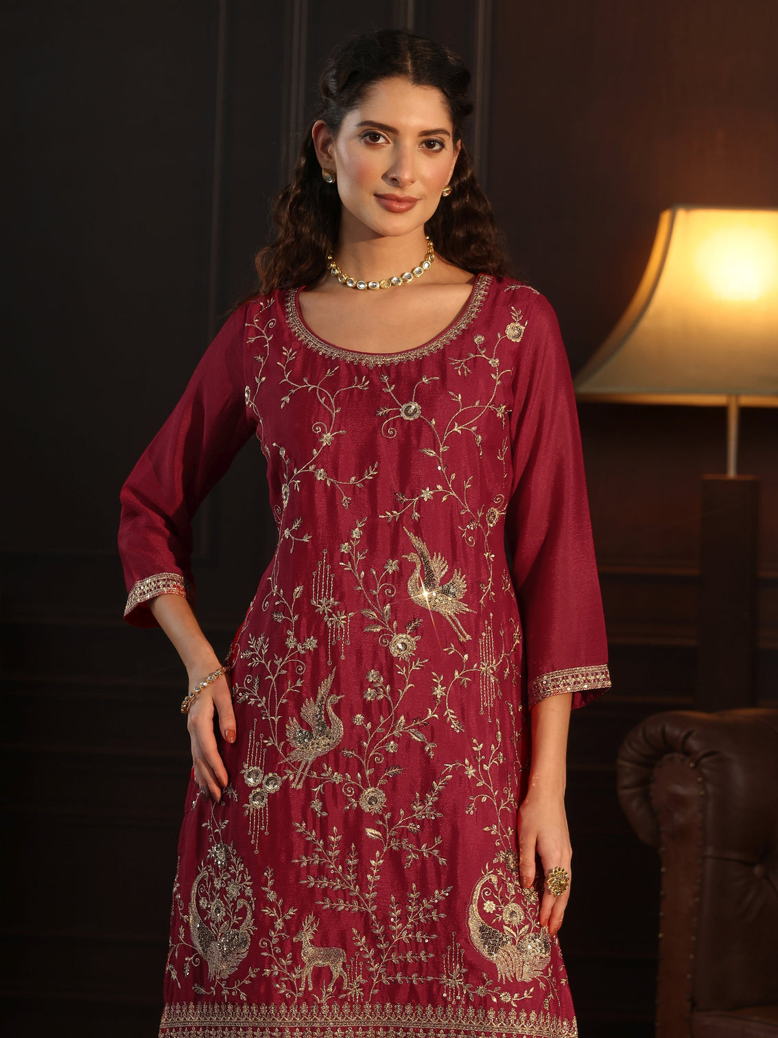 Mameraa Ruby Red Floral Embroidered Chinon Palazzo Suit Set