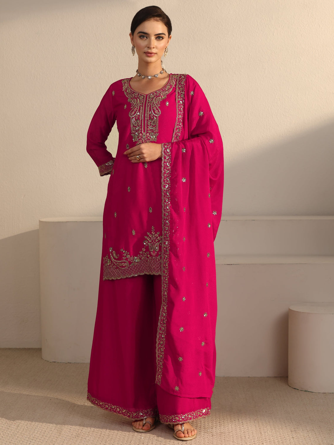 Mameraa Rani Pink Sequin Embellished Chinon Palazzo Suit Set