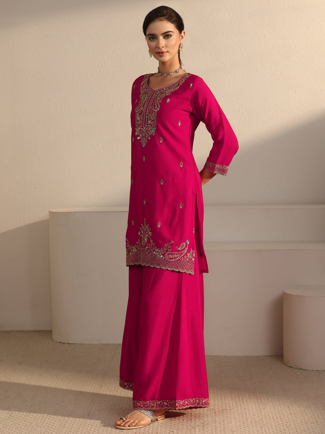 Mameraa Rani Pink Sequin Embellished Chinon Palazzo Suit Set