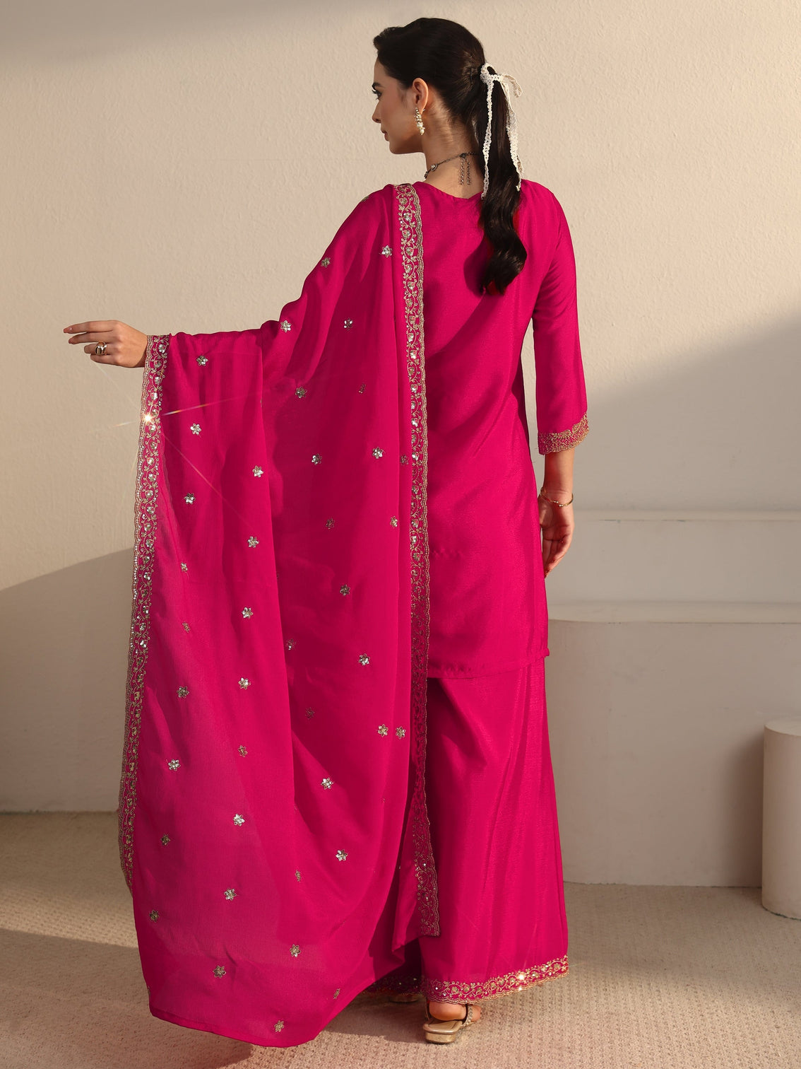 Mameraa Rani Pink Sequin Embellished Chinon Palazzo Suit Set