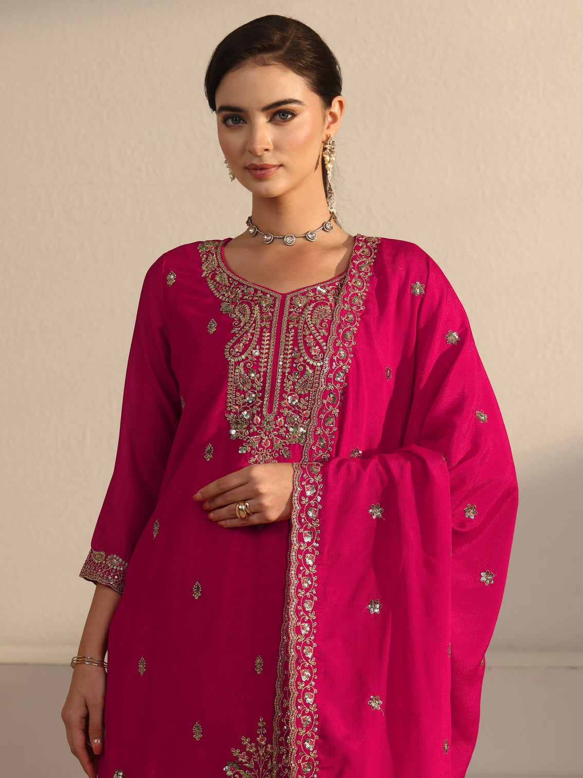 Mameraa Rani Pink Sequin Embellished Chinon Palazzo Suit Set
