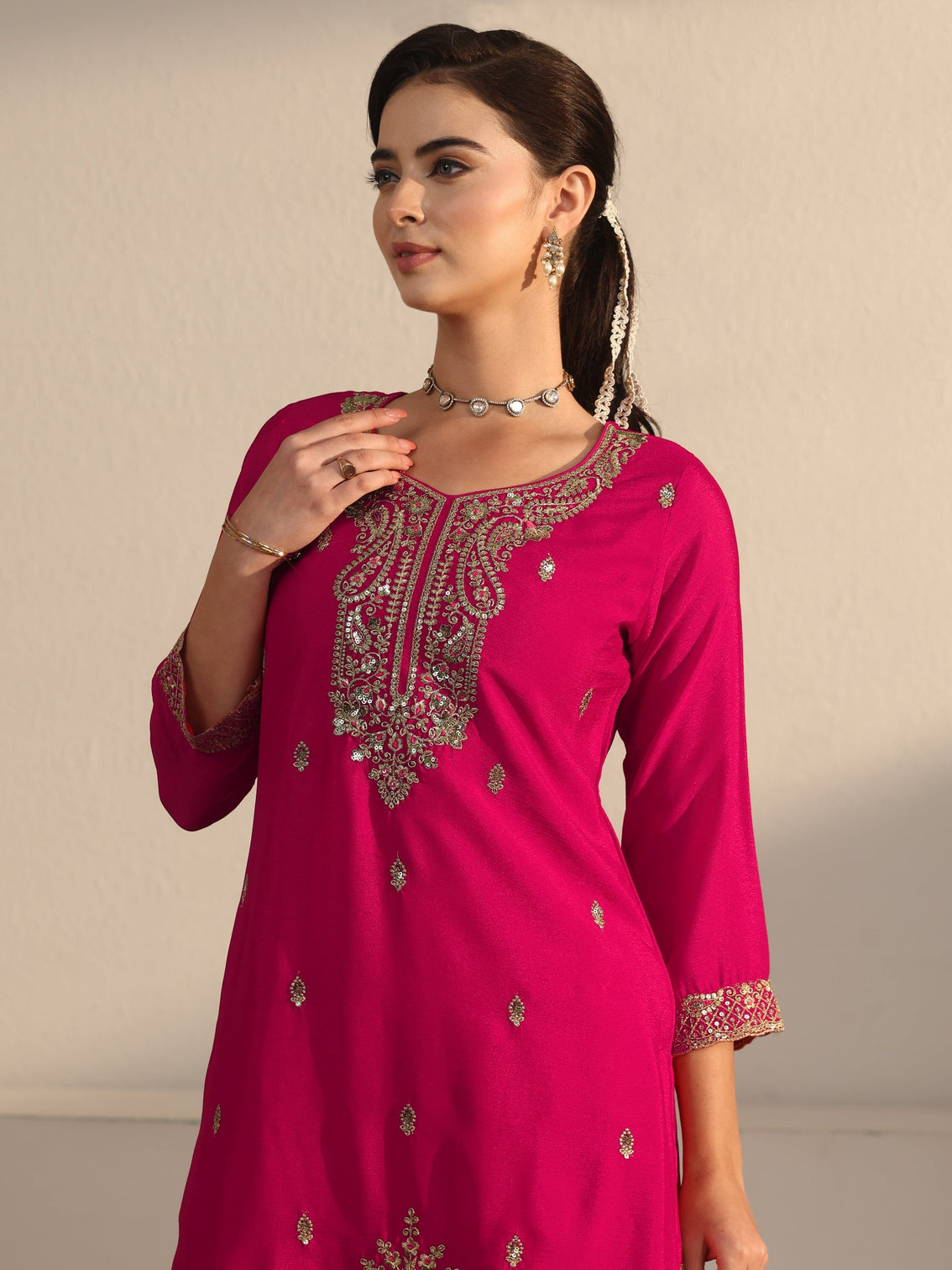 Mameraa Rani Pink Sequin Embellished Chinon Palazzo Suit Set