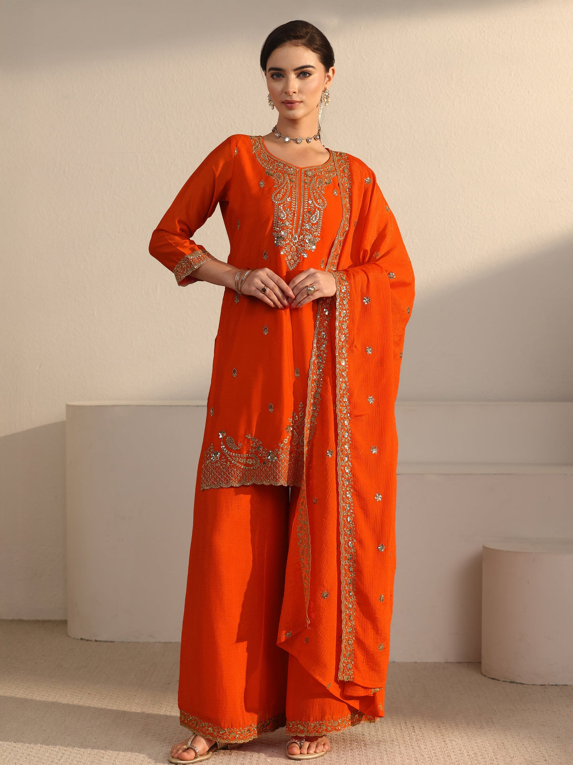 Mameraa Orange Sequin Embellished Chinon Palazzo Suit Set