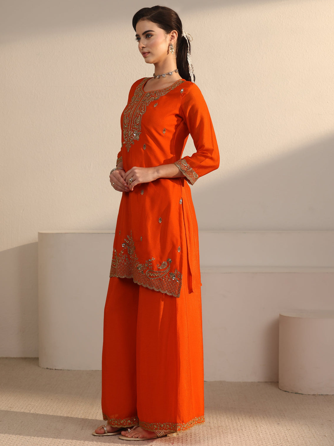 Mameraa Orange Sequin Embellished Chinon Palazzo Suit Set