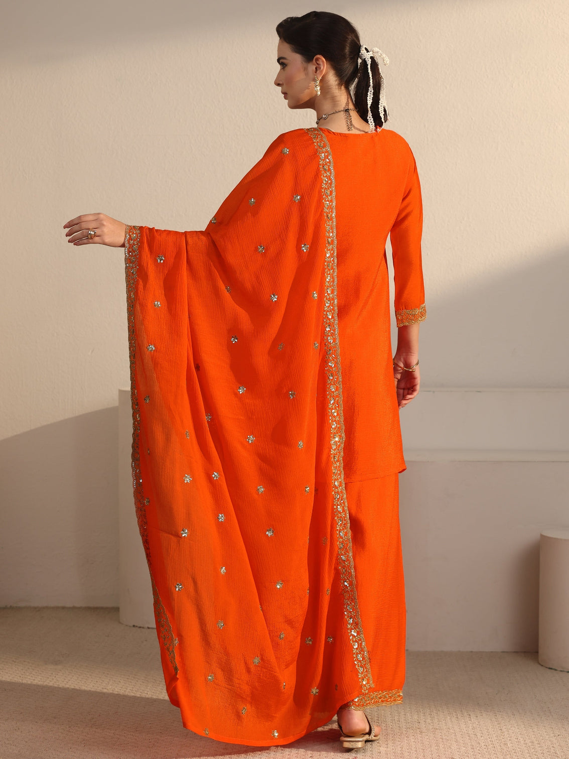 Mameraa Orange Sequin Embellished Chinon Palazzo Suit Set