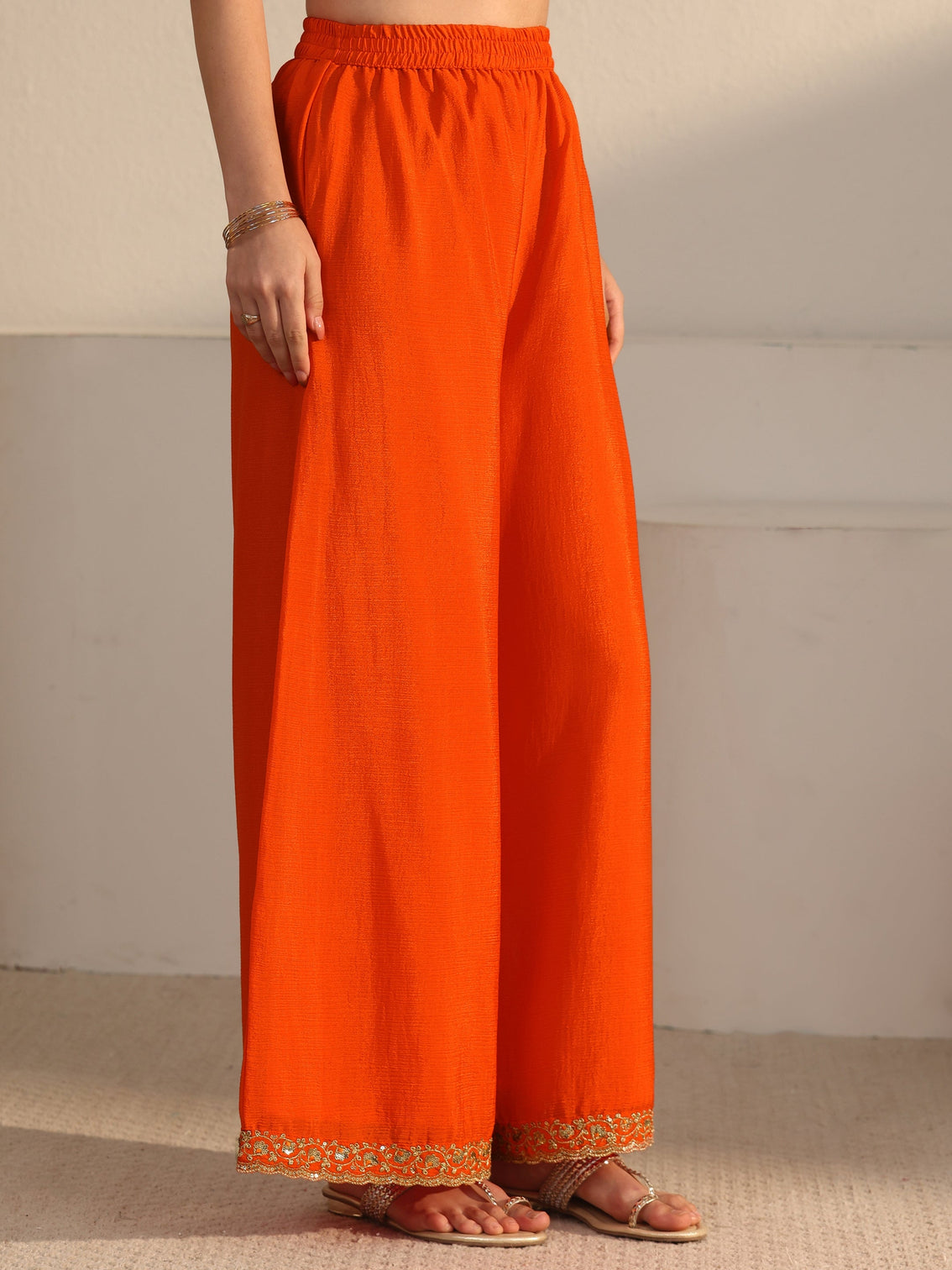 Mameraa Orange Sequin Embellished Chinon Palazzo Suit Set