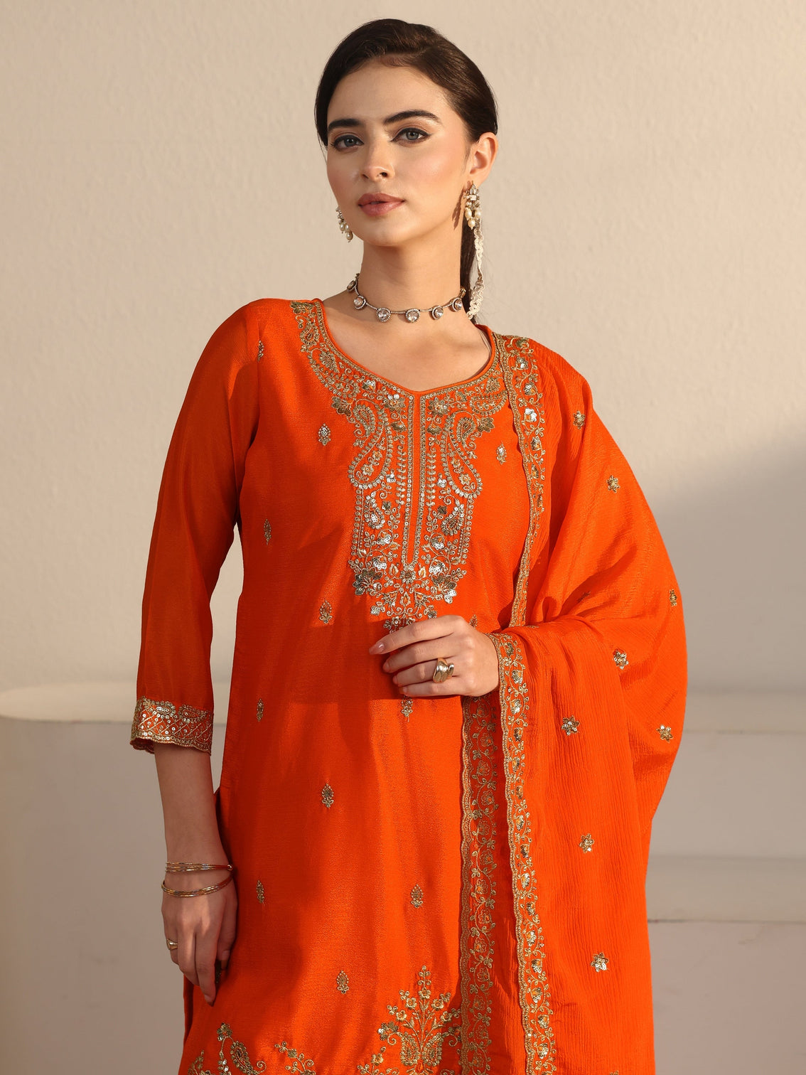 Mameraa Orange Sequin Embellished Chinon Palazzo Suit Set