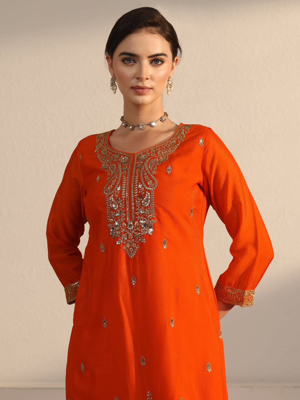 Mameraa Orange Sequin Embellished Chinon Palazzo Suit Set