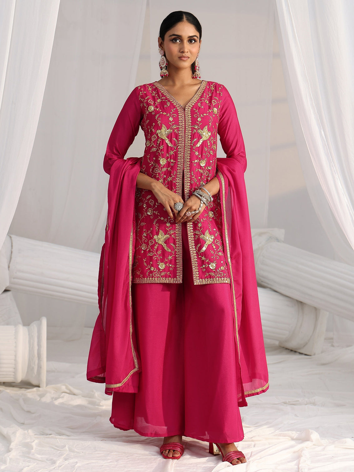 Mameraa Rani Pink Embroidered Front Slit Chinon Palazzo Suit Set
