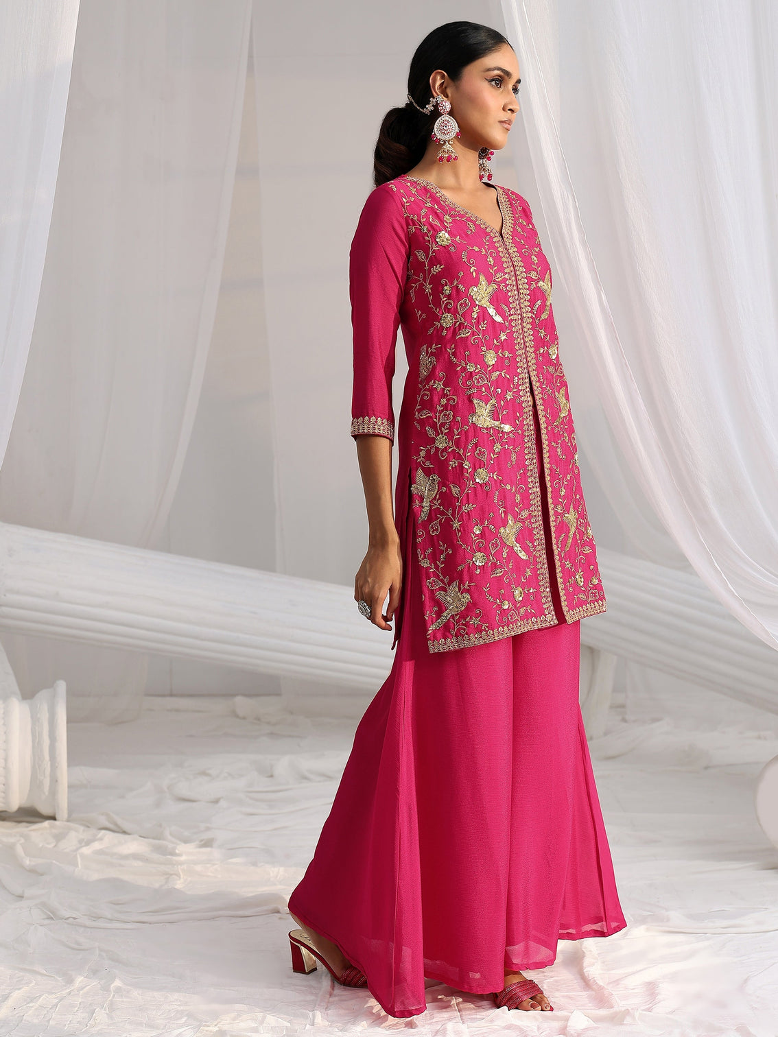 Mameraa Rani Pink Embroidered Front Slit Chinon Palazzo Suit Set