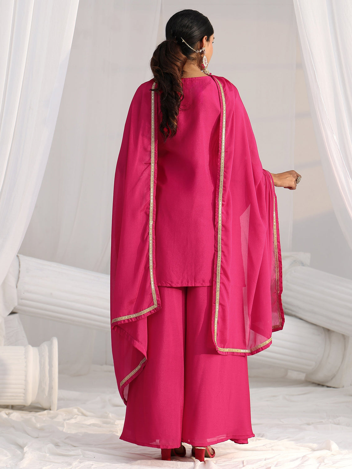 Mameraa Rani Pink Embroidered Front Slit Chinon Palazzo Suit Set