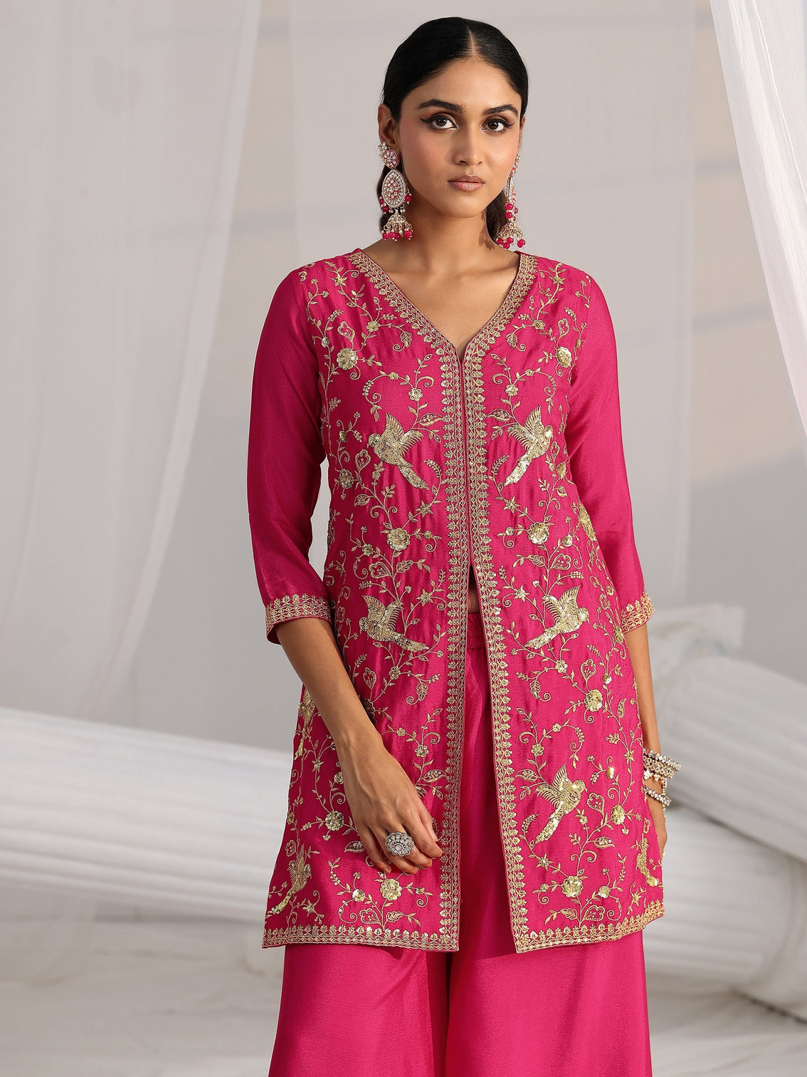 Mameraa Rani Pink Embroidered Front Slit Chinon Palazzo Suit Set