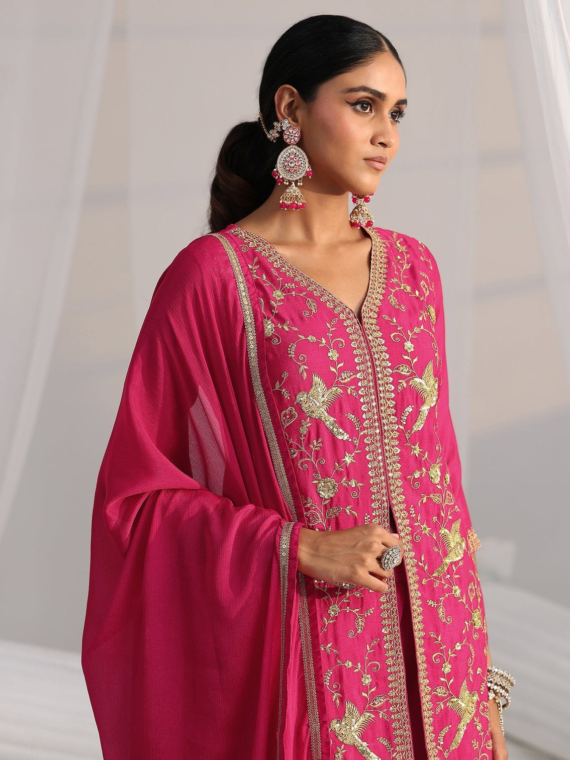 Mameraa Rani Pink Embroidered Front Slit Chinon Palazzo Suit Set