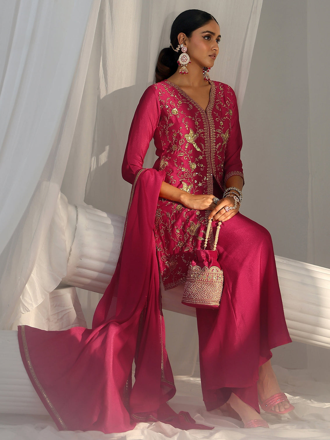 Mameraa Rani Pink Embroidered Front Slit Chinon Palazzo Suit Set