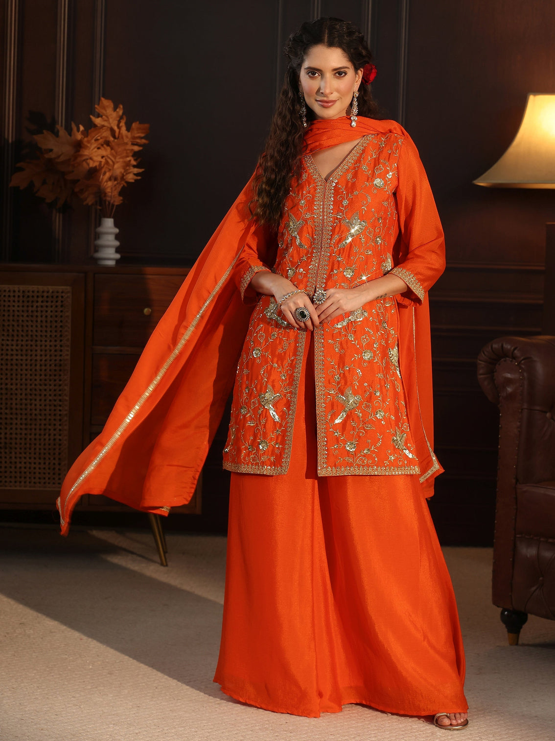 Mameraa Orange Sequin Embellished Chinon Palazzo Suit Set