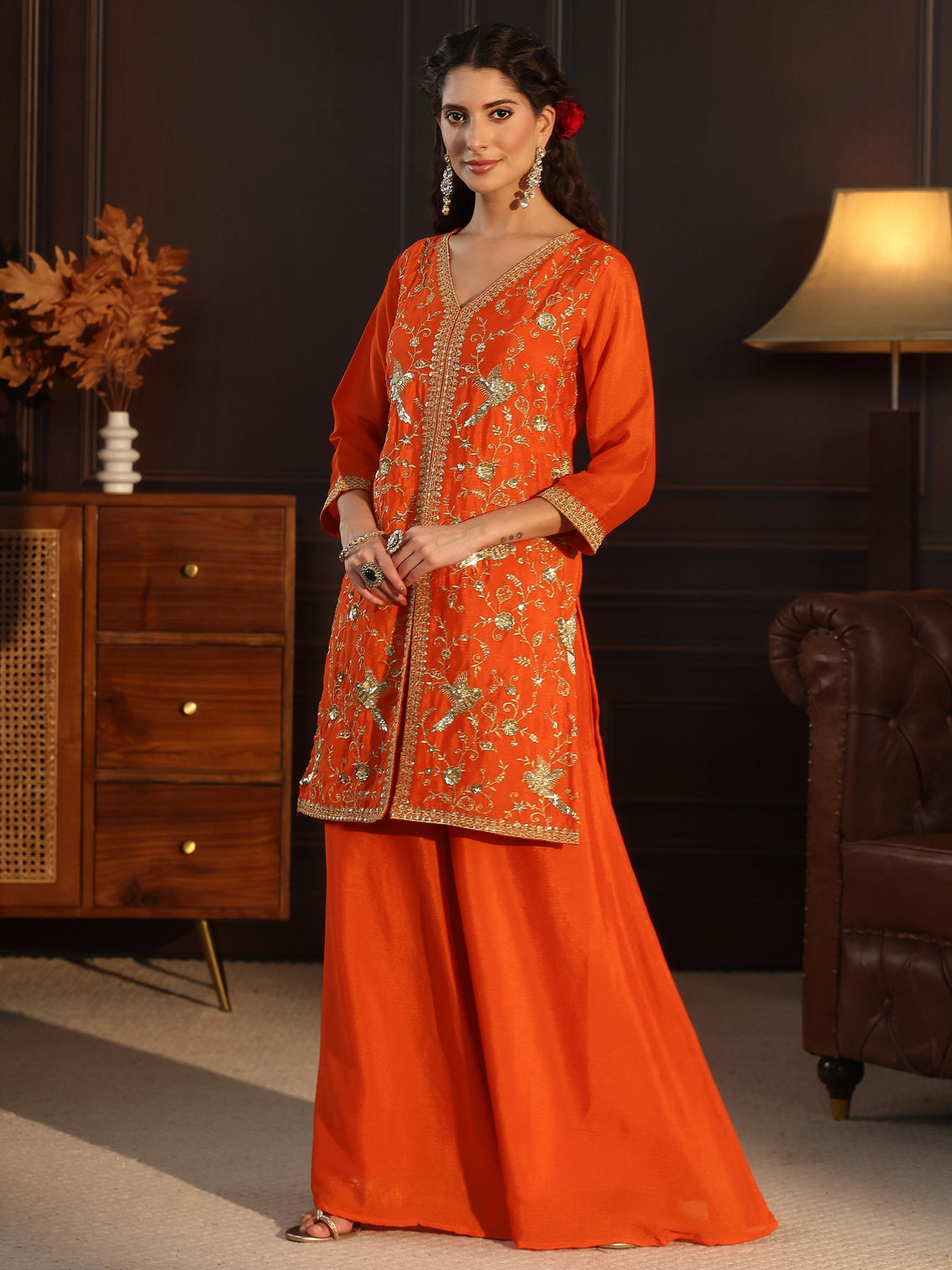 Mameraa Orange Sequin Embellished Chinon Palazzo Suit Set