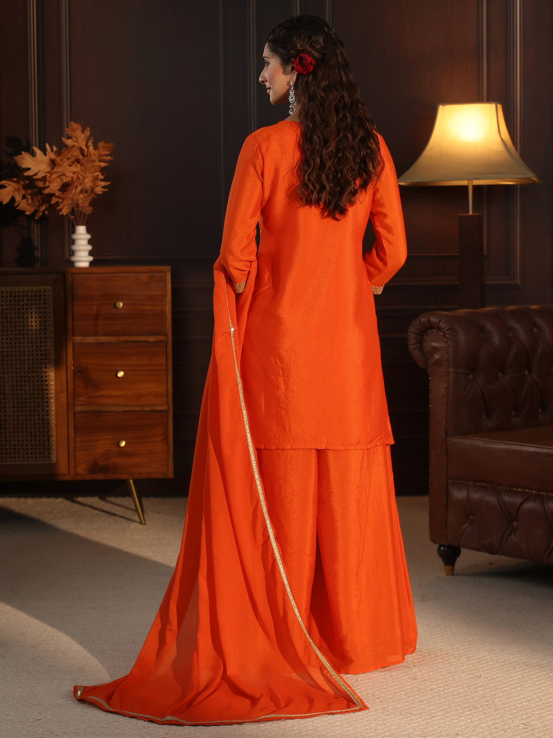 Mameraa Orange Sequin Embellished Chinon Palazzo Suit Set