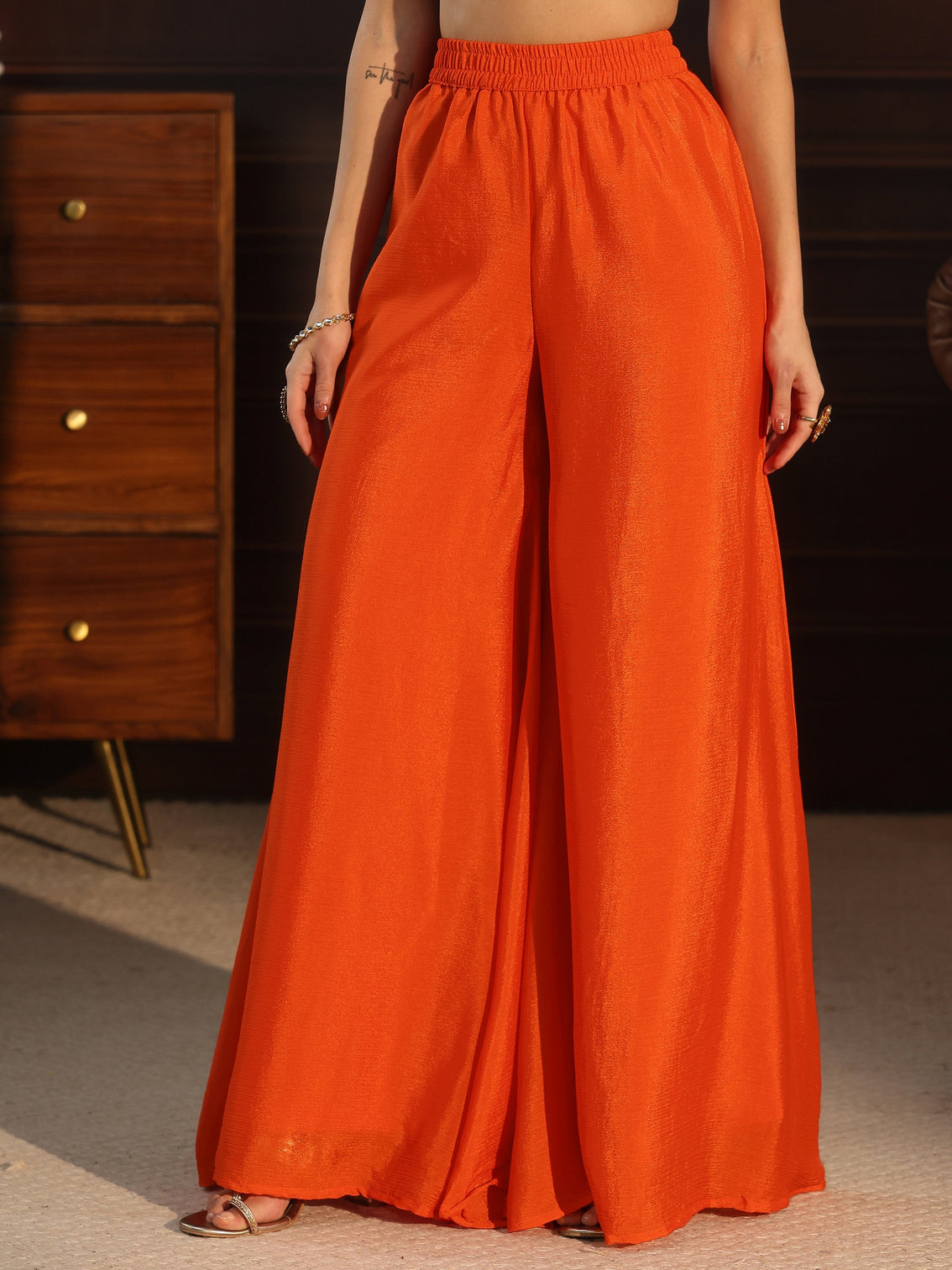 Mameraa Orange Sequin Embellished Chinon Palazzo Suit Set